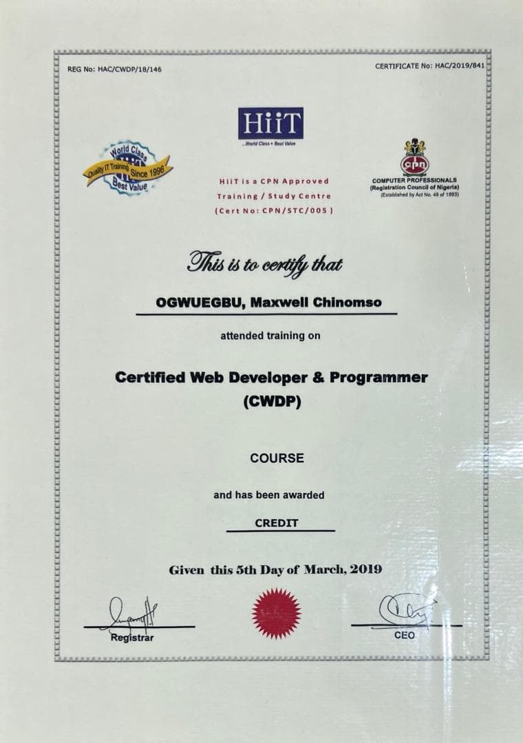Certified Web Developer & Programmer (CWDP)